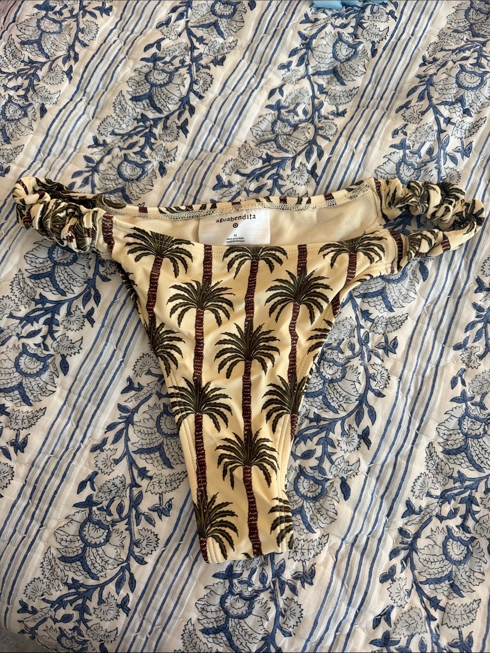 Agua Bendita Palm-Print Ruched Bikini Bottom - Cream/Green